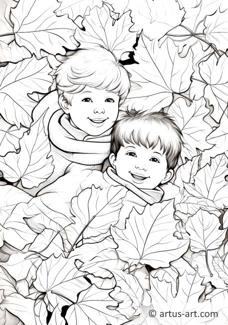 Página para colorear de niños jugando con hojas